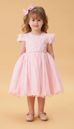 Vestido Infantil Festa Rosa Com Aplicação Flores