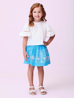 Conjunto Blusa e Short-Saia Infantil Momi Pérola e Azul Flores
