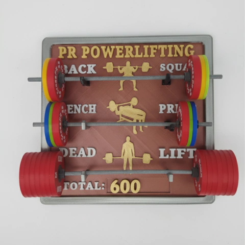 Placa de PR Powerlifting Personalizada – Squat, Bench e Deadlift com Mini Barras e Anilhas Eleiko 3D (500kg para Atualizar Seus Recordes)