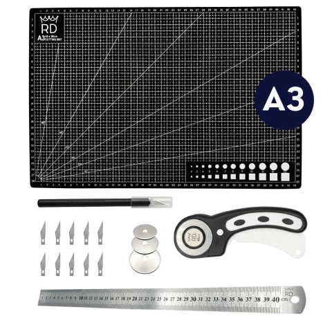 Tabla Corte A3 30X45cm + Cutter Rotativo + Cutter Bisturi + Regla Metalica