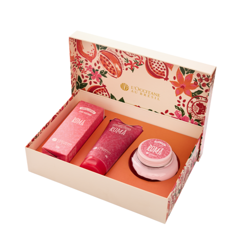 Kit Romã Loccitane: Geleia Esfoliante Romã + Spray Perfumado Romã 100ml + Geleia Hidratante Desodorante Corporal Romã (
