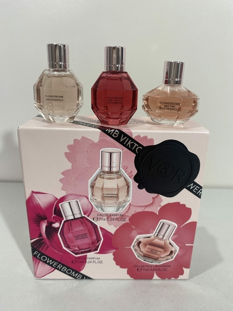 Kit de miniaturas originais Femininas Viktor & Rolf: 3 miniaturas com 7ml cada 1 Flowerbomb edp + 1 Flowerbomb néctar +