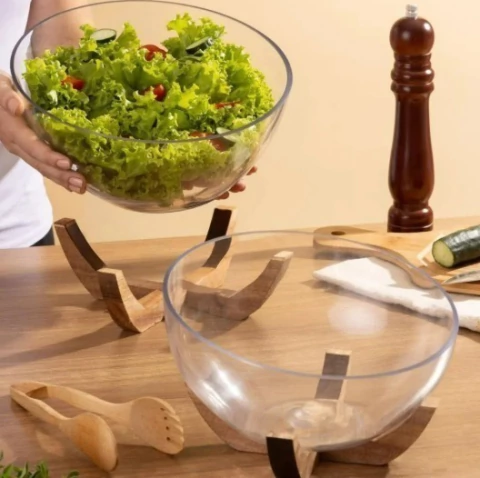 Saladeira Aclive de Vidro com base Acácia Ø26xA18cm - Mimo Style