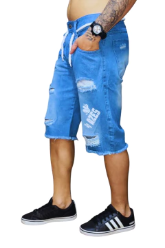 Bermudas Jeans Destroyed -4Azes Premium Slim Masculina Lavagem Media - comprar online
