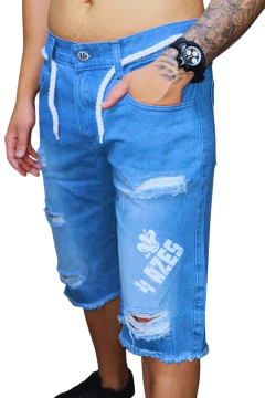 Bermudas Jeans Destroyed -4Azes Premium Slim Masculina Lavagem Media - 4 Azes Jeans