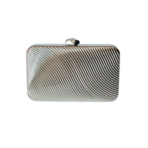 Bolsa Festa Clutch Prateada Metal Retangular Frisos