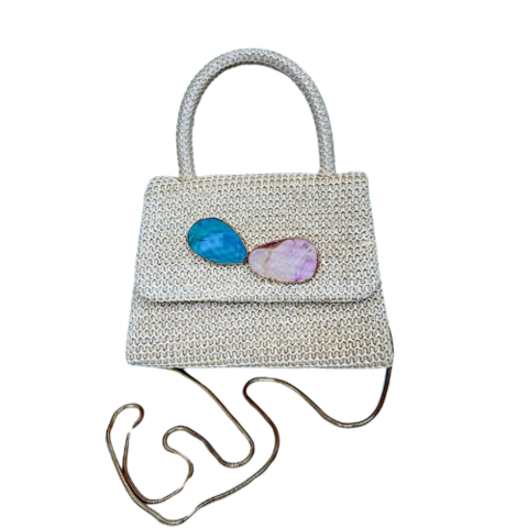 Bolsa Mini Tote Ráfia Off-White com Pedras Quartzos Azul e Rosa Naturais - Ed. Exclusiva - comprar online