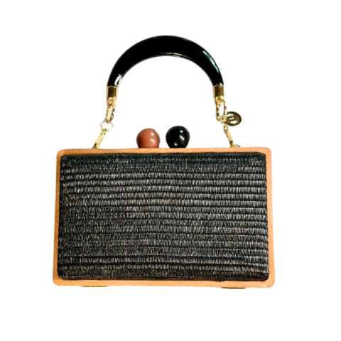 Bolsa Festa Clutch Madeira e Ráfia Preta Alça Acrílica Preta - comprar online