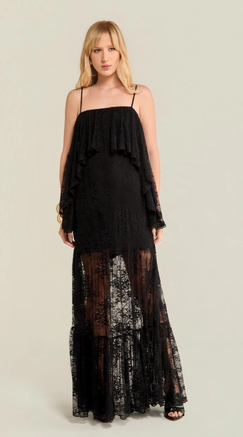VESTIDO MIDI COM BABADOS EM RENDAS