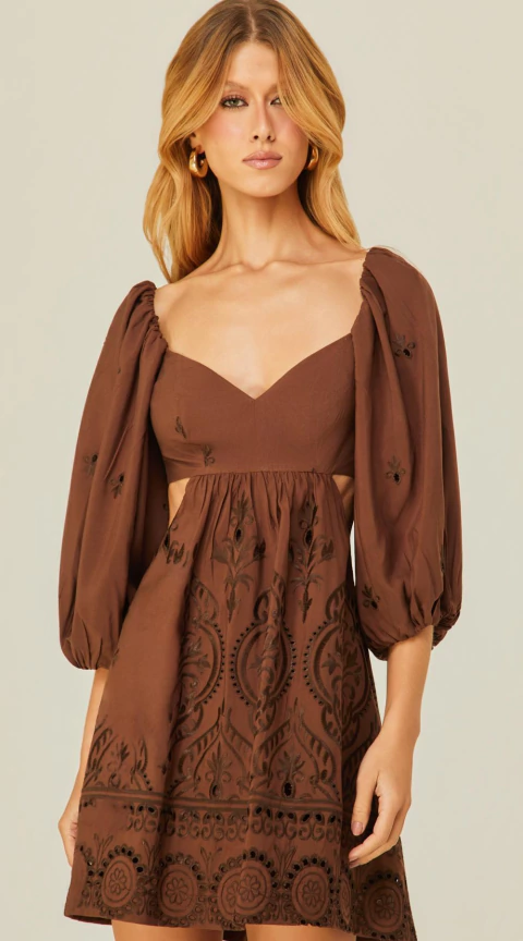 Vestido Curto com Mangas Bufantes em Laise - buy online