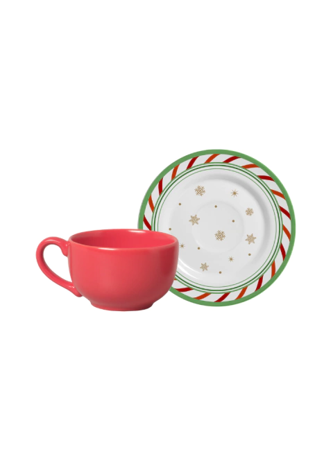Xícara de Chá C/Pires Natal Duendes Natalinos Verde 250ml