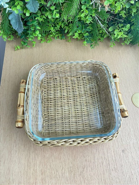 Travessa Suporte com Pirex Junco + Alça Bambu 28cm Quadrado