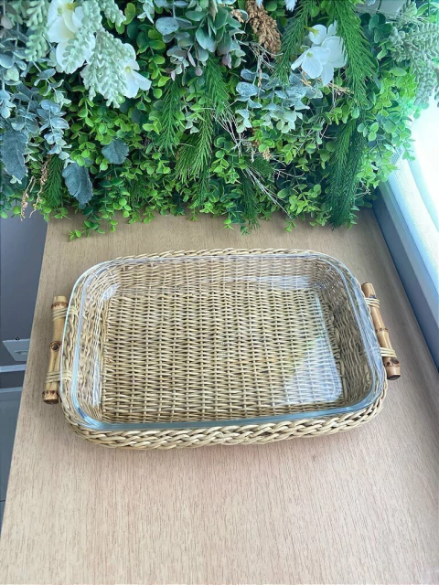 Travessa Suporte com Pirex Junco + Alça Bambu 42cm Retangular
