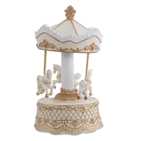 Carrossel Musical de Luxo Branco e Dourado 22,9X12,5cm