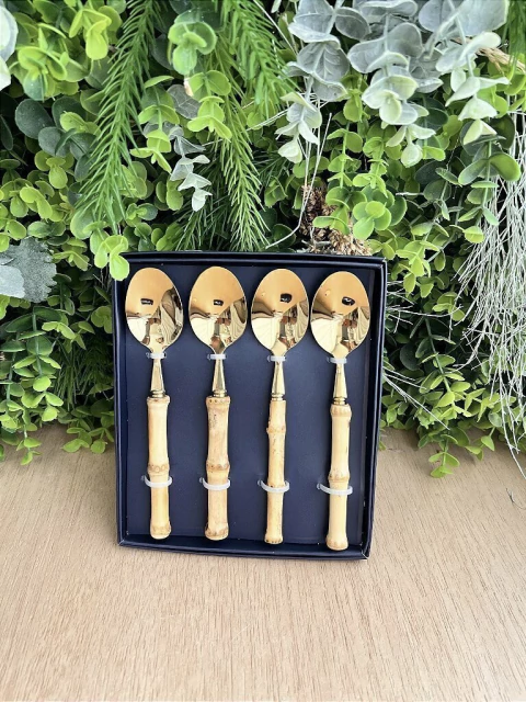 Conjunto de 4 Colheres para Sobremesa Bambu Natural Dourado