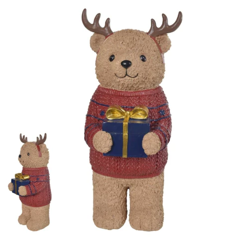 Urso Rena com Presente Natal Resina Suéter Vermelho 31X13,5X12cm