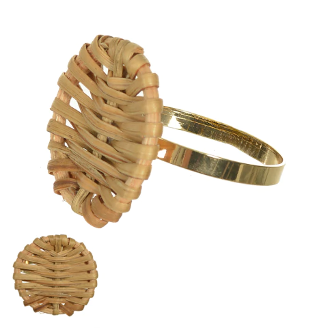 Porta Guardanapo Rústico de Rattan e Metal Dourado