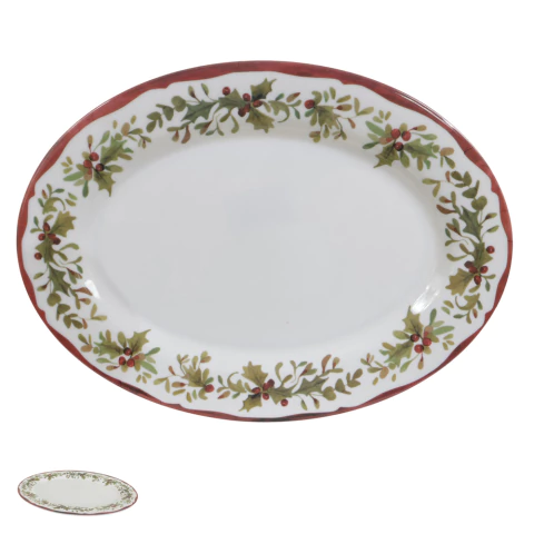 Travessa Oval Natal Estampa Azevinho e Pinheiro Melamina 35,4X25,7cm