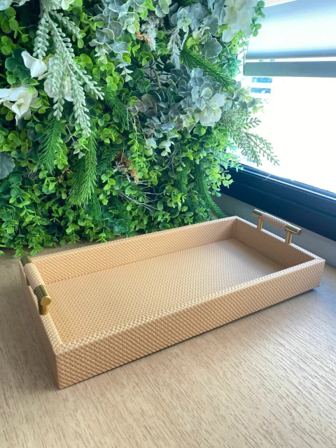 Bandeja Bege com Alças Douradas 7,7X40X20cm
