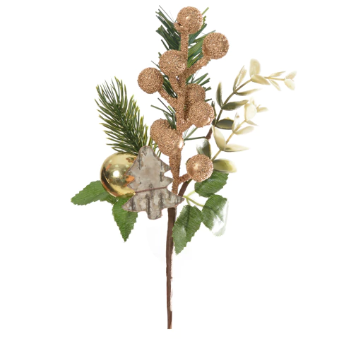 Pick/Galho Decorativo de Natal Ouro com Pinha e Folhagens 17cm