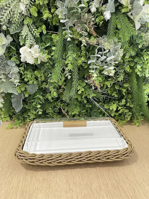 Travessa Ceramica Retangular P com Tampa de Bambu Balli Caramelo