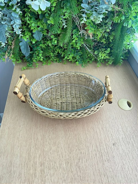 Travessa Suporte com Pirex Junco + Alça Bambu 28cm Oval