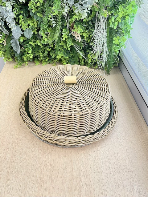 Porta Bolo com Prato Vidro e Alça Bambu Balli Caramelo