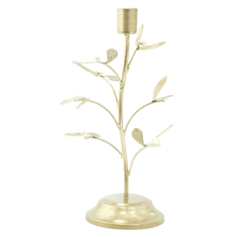 Castiçal Metálico Dourado com Detalhes de Pérolas 25,5X11,5cm