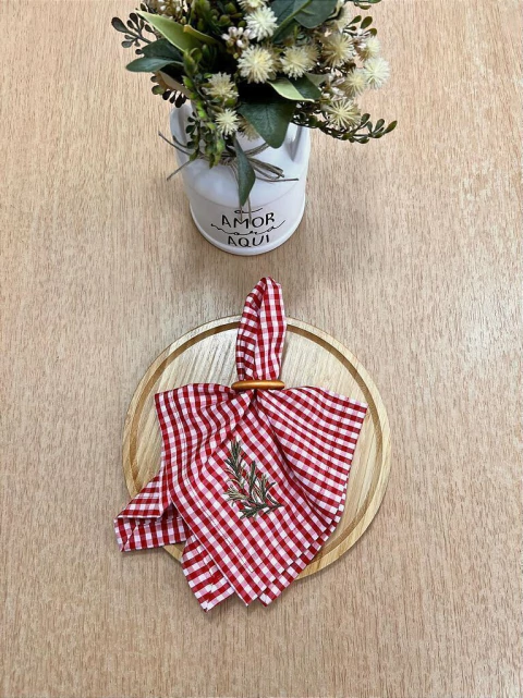 Guardanapo Bordado Alecrim com Xadrez Vermelho