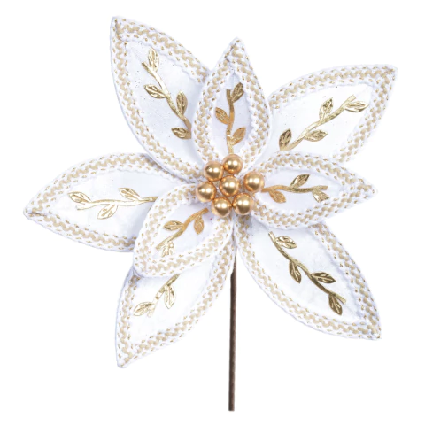 Flor de Natal Luxo Brilho Branco e Dourado 19cm