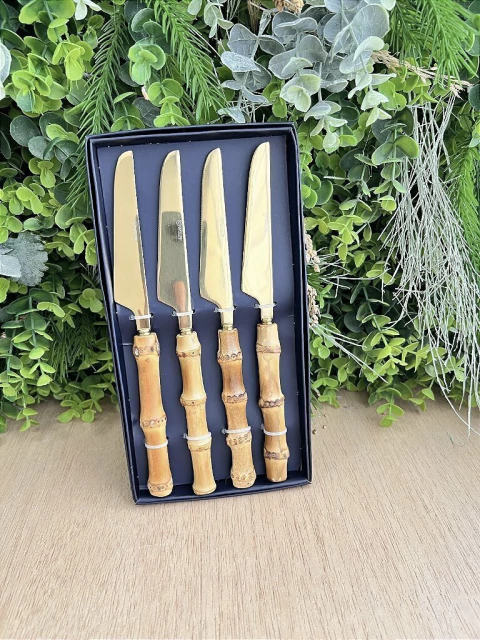 Conjunto de 4 Facas para Mesa Bambu Natural Dourado