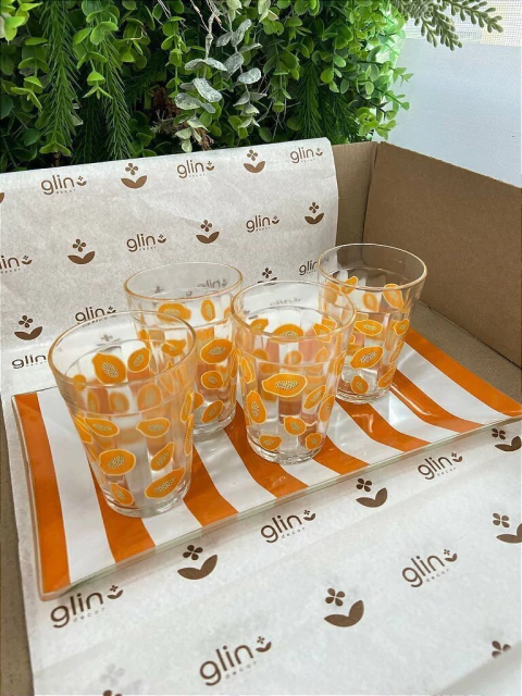 Kit Papaya Tropical Glin- 4 Copos e 1 Travessa