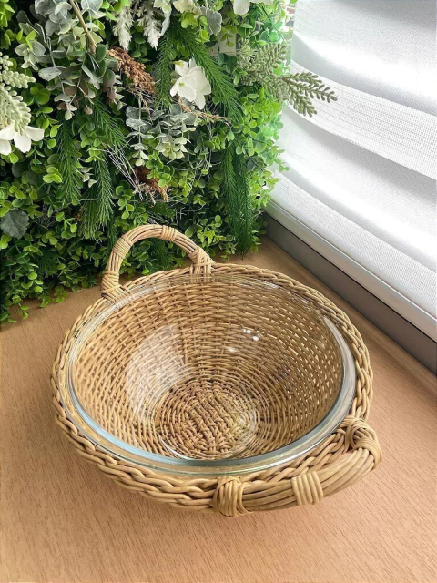 Travessa Suporte com Pirex Junco + Alça Bambu 32cm - Saladeira/Fruteira