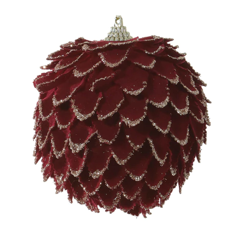 Bola de Natal Pinha Aveludada Bordô com Glitter 10cm