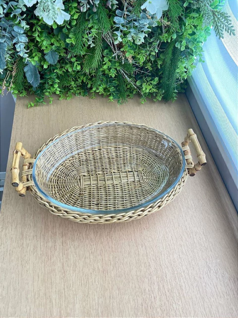Travessa Suporte com Pirex Junco + Alça Bambu 39cm Oval