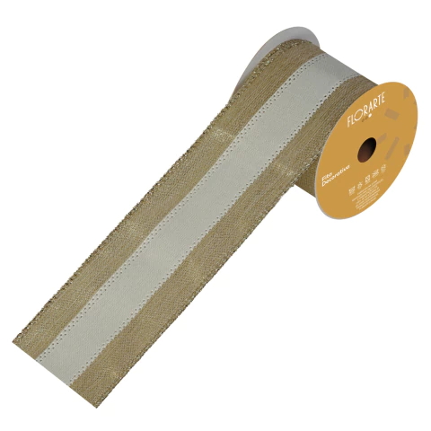 Fita Aramada Rústica Dourado e Off-White 6,3cmX9,14m