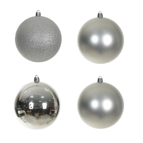 Kit 4 Bolas de Natal Prata Mistas 10cm (Brilho, Fosco e Espelhado)