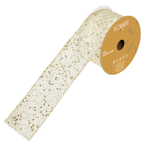 Fita Aramada Off-White Poá Glitter Dourado 6,3cmX9,14m