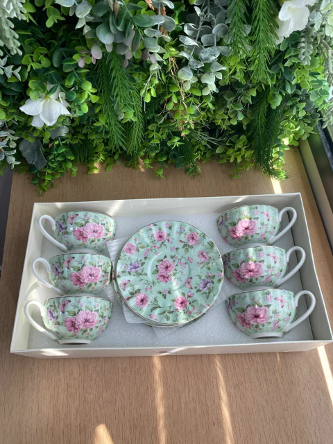 Kit Xícaras de Chá Jardim de Primavera Verde- 6 Unidades