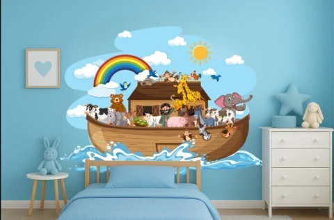 Adesivo de Parede Arca de Noé – Tema Bíblico Infantil – Animais Fofos – Decoração Quarto Bebê