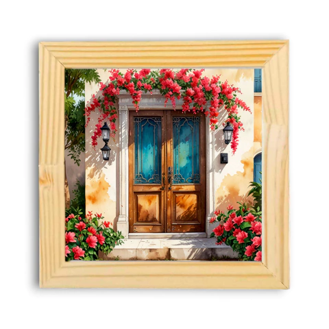 Azulejo Decorativo Encontro com Porta Marrom e Flores Vermelhas | Coleção Encantos | ITsLEJO - comprar online
