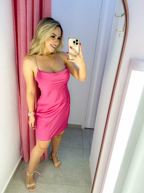 VESTIDO ACETINADO ALÇA STRASS ROSA