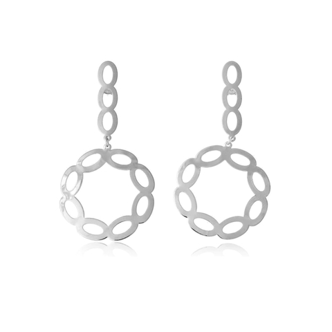 Brinco com fio e círculo com arcos | Banhado em ródio branco - comprar online