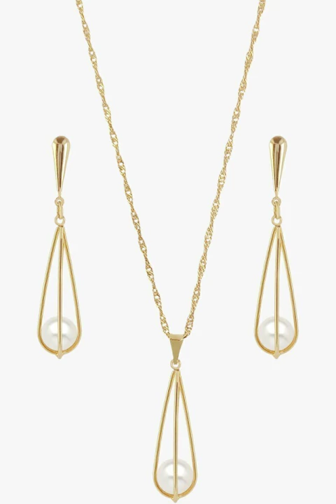 Conjunto Colar E Brinco Pingente Aro Vazado Com Pérola Folheado - comprar online