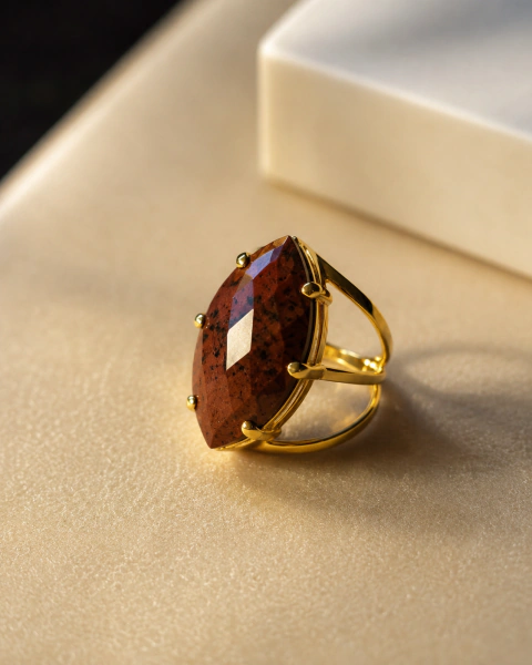Anel Detalhes Navete G aro fixo Obsidiana Marongoni - banhado a Ouro