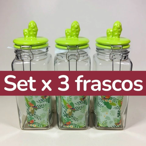 3 Frascos Herméticos de Vidrio Grandes con Tapa Decorada de Cáctus - comprar online