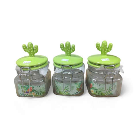 3 frascos herméticos de vidrio chicos con tapa decorada de cáctus - comprar online