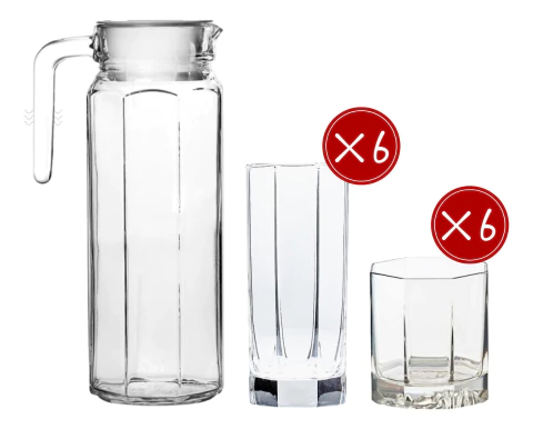 Set De 13 Piezas Jarra + 6 Vasos Whisky +6 Vasos Trago Largo