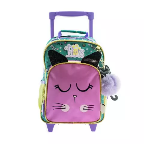 Mochila de nena verde con gato rosa y carro - Chenson - comprar online