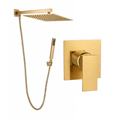 Kit Ducha Quadrada 20x20 Slim com desviador + Acabamento para registro Monocomando base deca Dourado Escovado